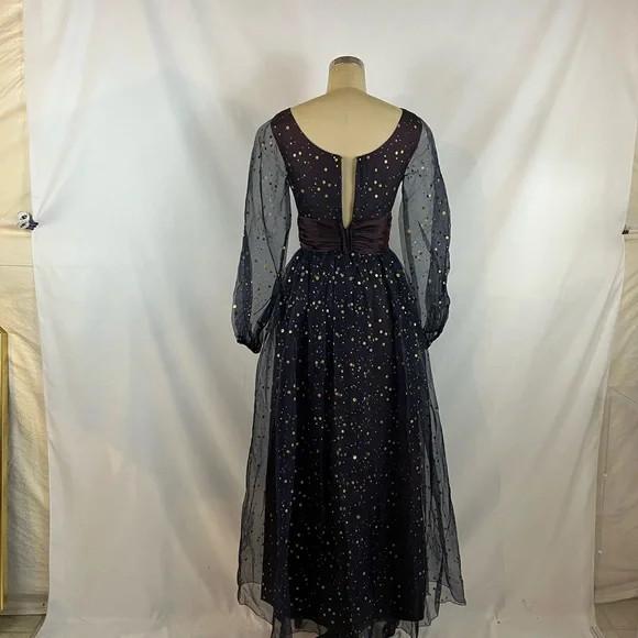 Vintage 50s Maxi Dress Navy & Gold Polka Dot Formal Gown XS/S - Picture 5 of 13